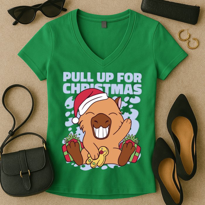 Christmas Capybara Pull Up Women's V-Neck T-Shirt