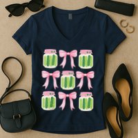 Coquette Canned Pickle Bows With Cute Pickle Jarx Women's V-Neck T-Shirt