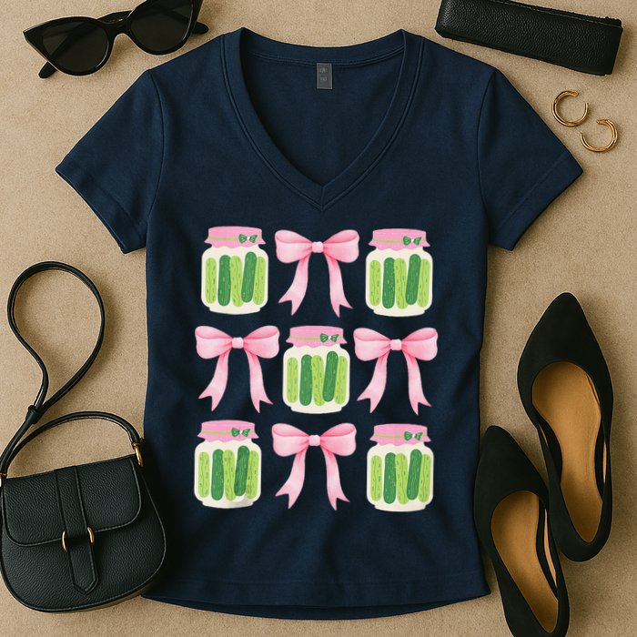 Coquette Canned Pickle Bows With Cute Pickle Jarx Women's V-Neck T-Shirt