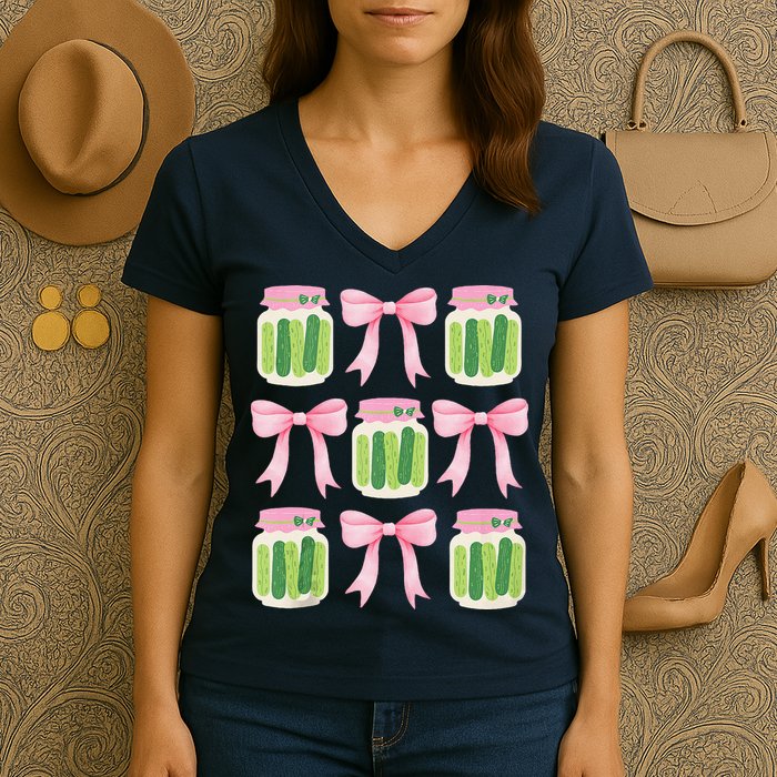 Coquette Canned Pickle Bows With Cute Pickle Jarx Women's V-Neck T-Shirt