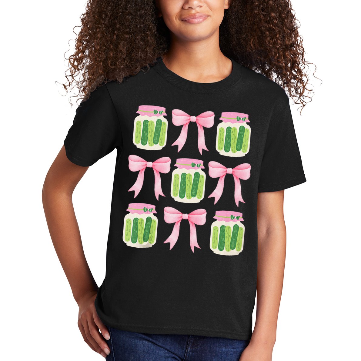 Coquette Canned Pickle Bows With Cute Pickle Jarx Kids T-Shirt
