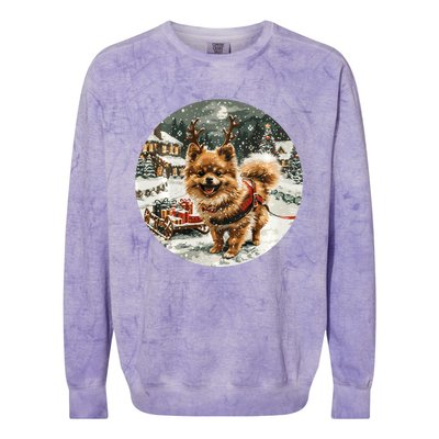 Cute Christmas Pomeranian Puppy Reindeer Dog Holiday Village Colorblast Crewneck Sweatshirt