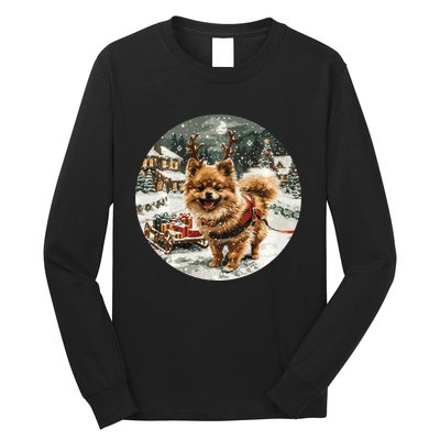 Cute Christmas Pomeranian Puppy Reindeer Dog Holiday Village Long Sleeve Shirt