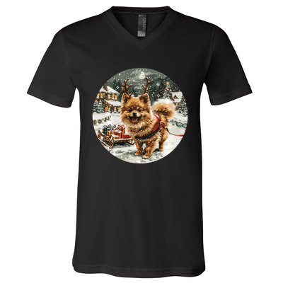 Cute Christmas Pomeranian Puppy Reindeer Dog Holiday Village V-Neck T-Shirt