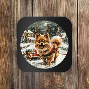 Cute Christmas Pomeranian Puppy Reindeer Dog Holiday Village Coaster