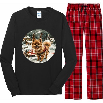 Cute Christmas Pomeranian Puppy Reindeer Dog Holiday Village Long Sleeve Pajama Set