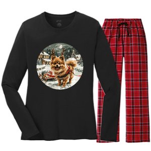 Cute Christmas Pomeranian Puppy Reindeer Dog Holiday Village Women's Long Sleeve Flannel Pajama Set 