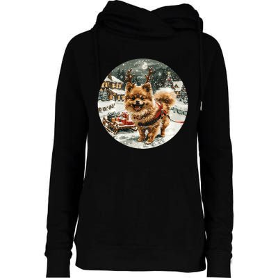 Cute Christmas Pomeranian Puppy Reindeer Dog Holiday Village Womens Funnel Neck Pullover Hood