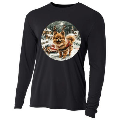 Cute Christmas Pomeranian Puppy Reindeer Dog Holiday Village Cooling Performance Long Sleeve Crew