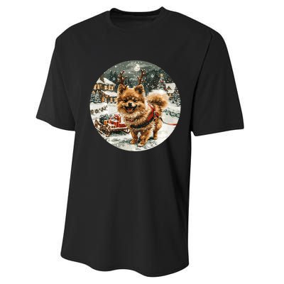 Cute Christmas Pomeranian Puppy Reindeer Dog Holiday Village Performance Sprint T-Shirt