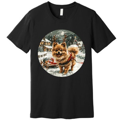 Cute Christmas Pomeranian Puppy Reindeer Dog Holiday Village Premium T-Shirt