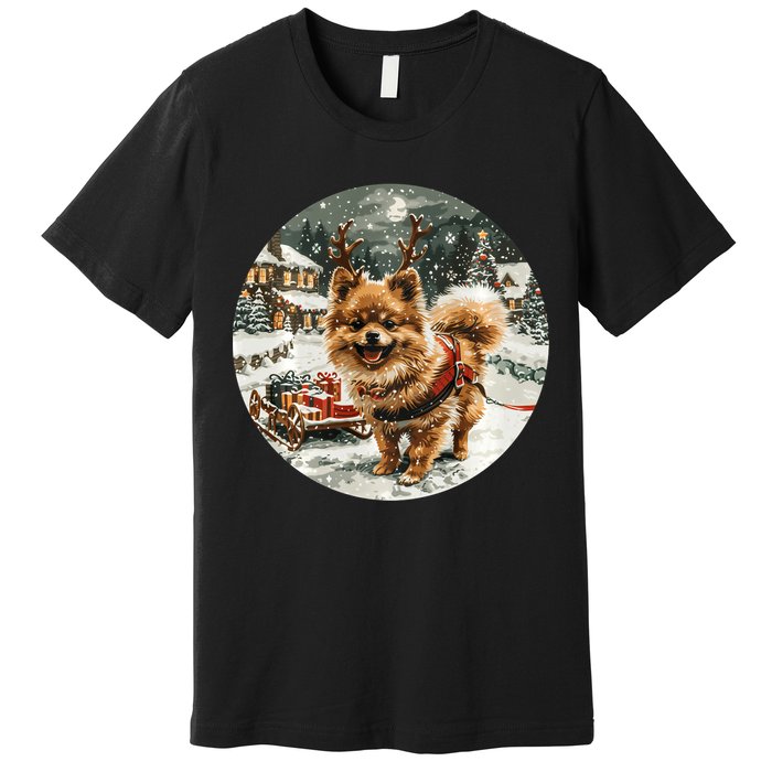 Cute Christmas Pomeranian Puppy Reindeer Dog Holiday Village Premium T-Shirt