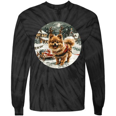 Cute Christmas Pomeranian Puppy Reindeer Dog Holiday Village Tie-Dye Long Sleeve Shirt