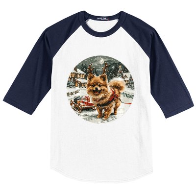 Cute Christmas Pomeranian Puppy Reindeer Dog Holiday Village Baseball Sleeve Shirt