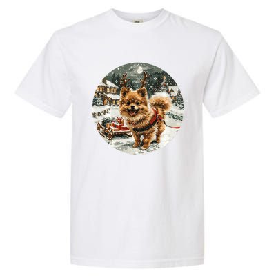 Cute Christmas Pomeranian Puppy Reindeer Dog Holiday Village Garment-Dyed Heavyweight T-Shirt