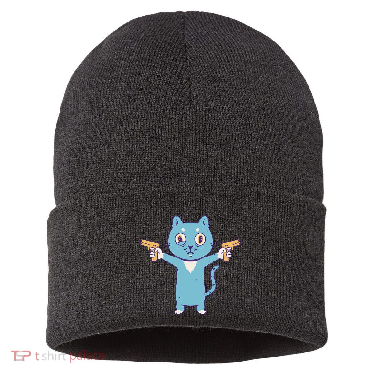 Crazy Cat Pew Pew Funny Sustainable Knit Beanie