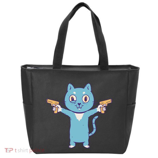 Crazy Cat Pew Pew Funny Zip Tote Bag