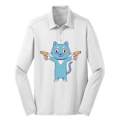 Crazy Cat Pew Pew Funny Silk Touch Performance Long Sleeve Polo