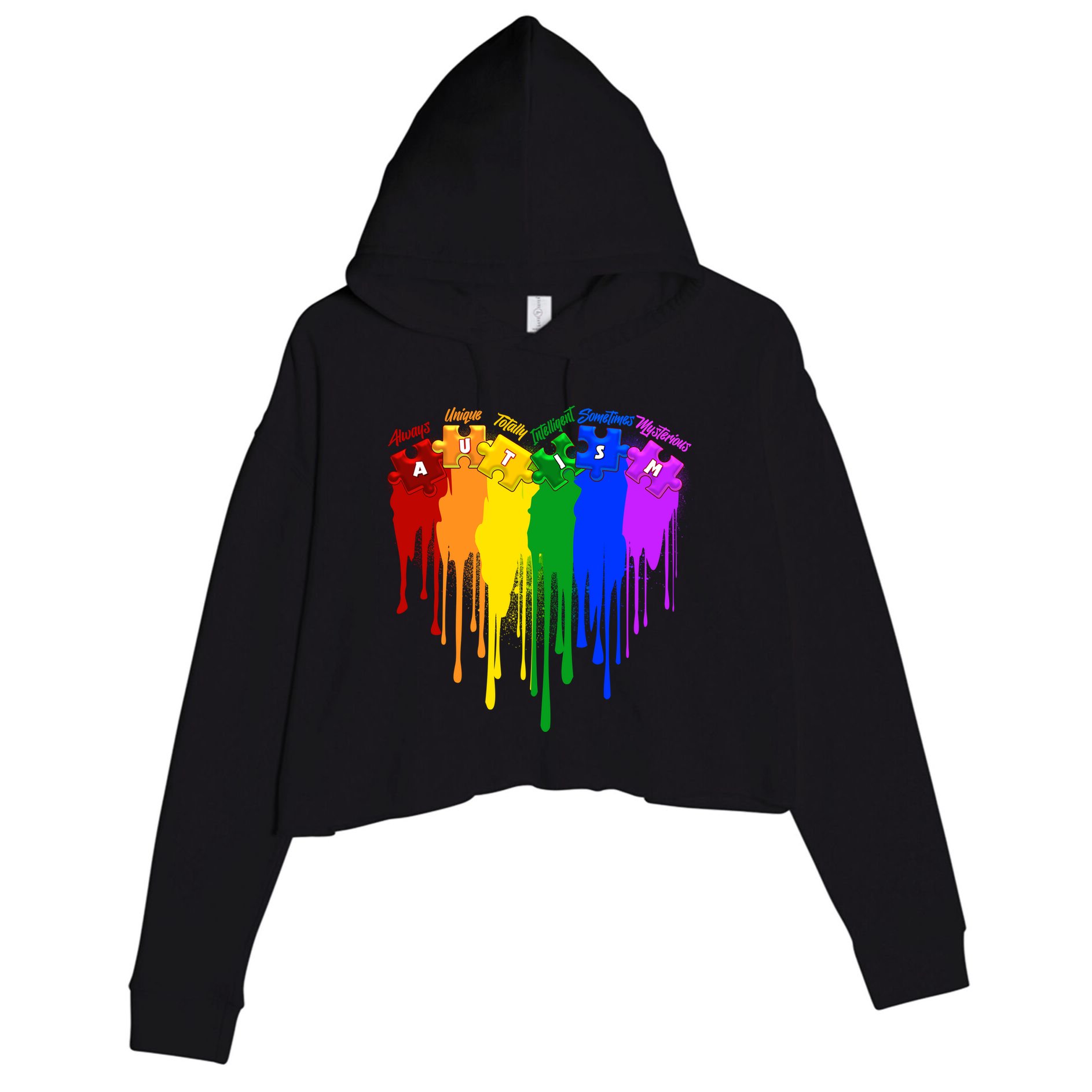 Cute Colorful Painted Autism Puzzle Pieces Heart Crop Fleece Hoodie