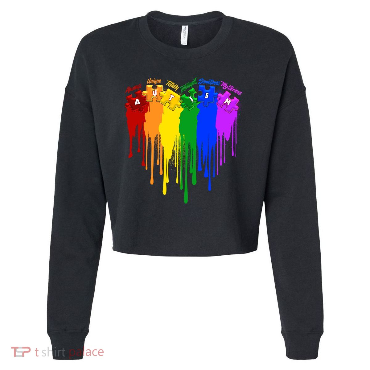 Cute Colorful Painted Autism Puzzle Pieces Heart Cropped Pullover Crew