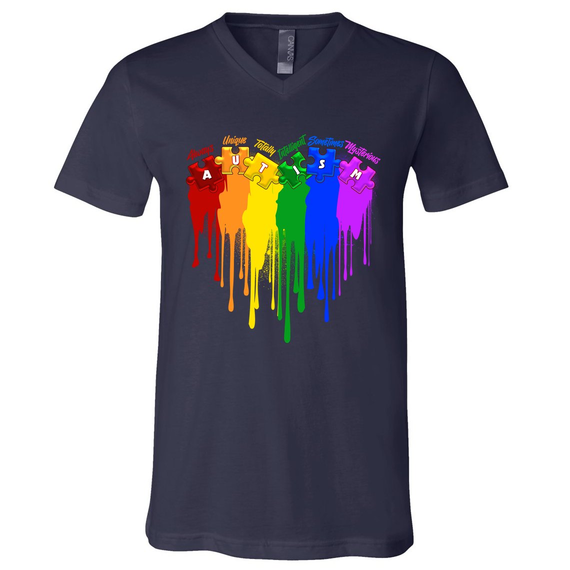 Cute Colorful Painted Autism Puzzle Pieces Heart V-Neck T-Shirt