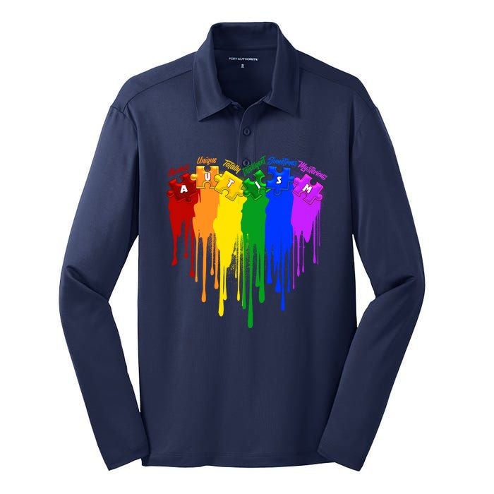 Cute Colorful Painted Autism Puzzle Pieces Heart Silk Touch Performance Long Sleeve Polo