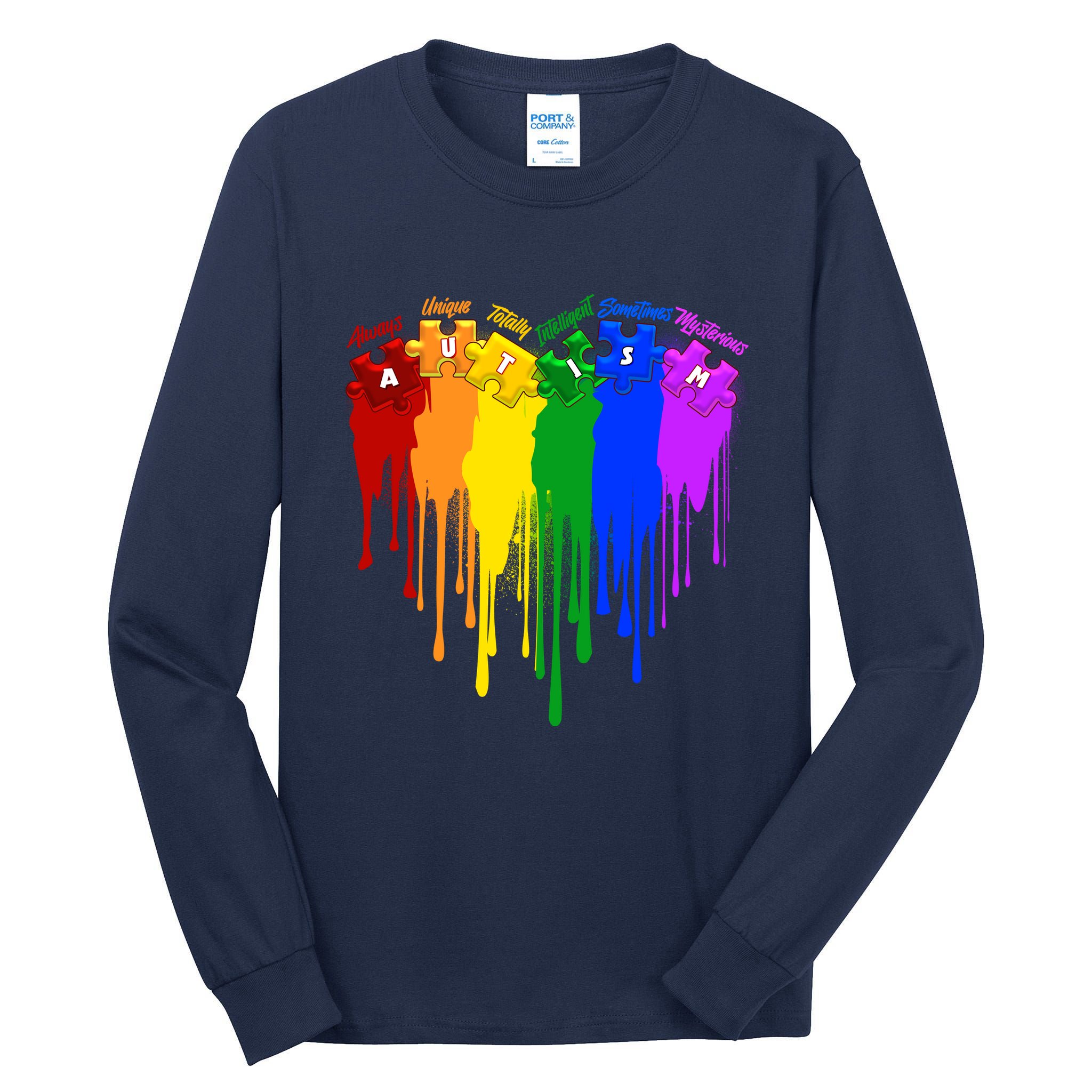 Cute Colorful Painted Autism Puzzle Pieces Heart Tall Long Sleeve T-Shirt