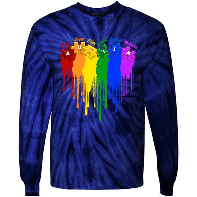 Cute Colorful Painted Autism Puzzle Pieces Heart Tie-Dye Long Sleeve Shirt
