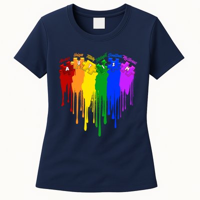 Cute Colorful Painted Autism Puzzle Pieces Heart Womens T-Shirt