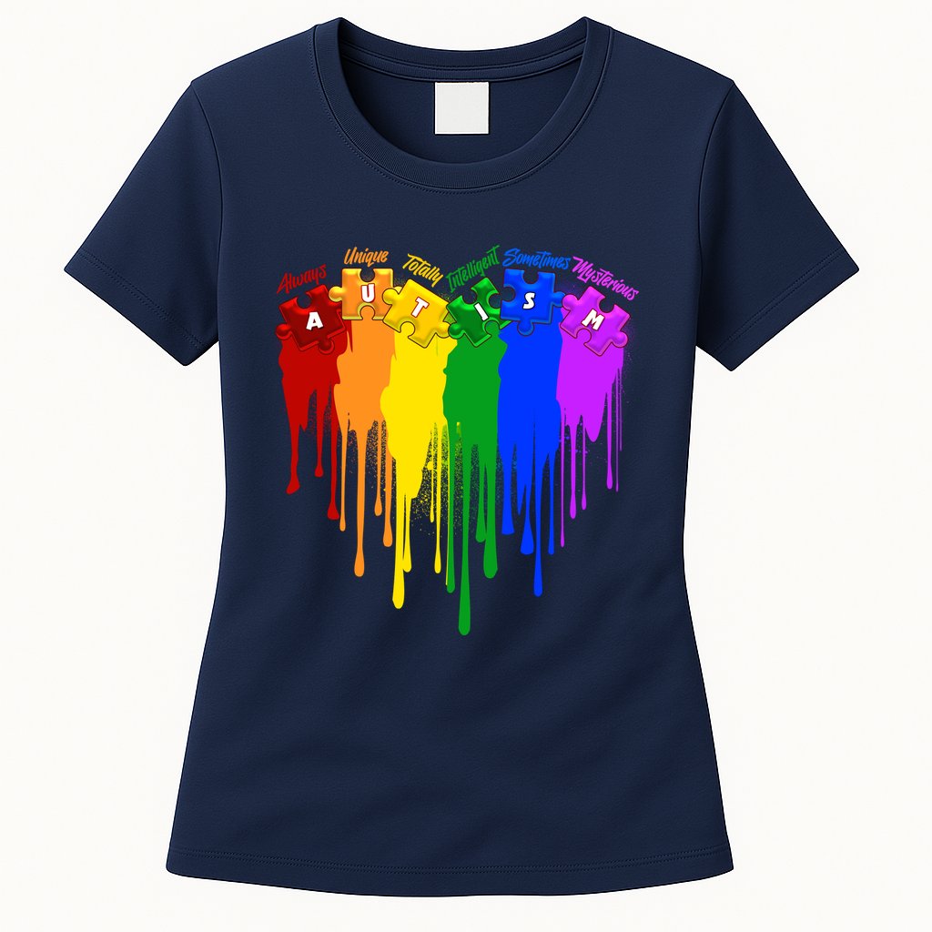 Cute Colorful Painted Autism Puzzle Pieces Heart Womens T-Shirt