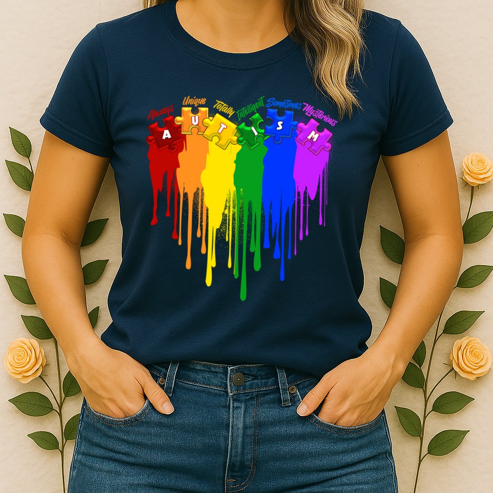 Cute Colorful Painted Autism Puzzle Pieces Heart Womens T-Shirt