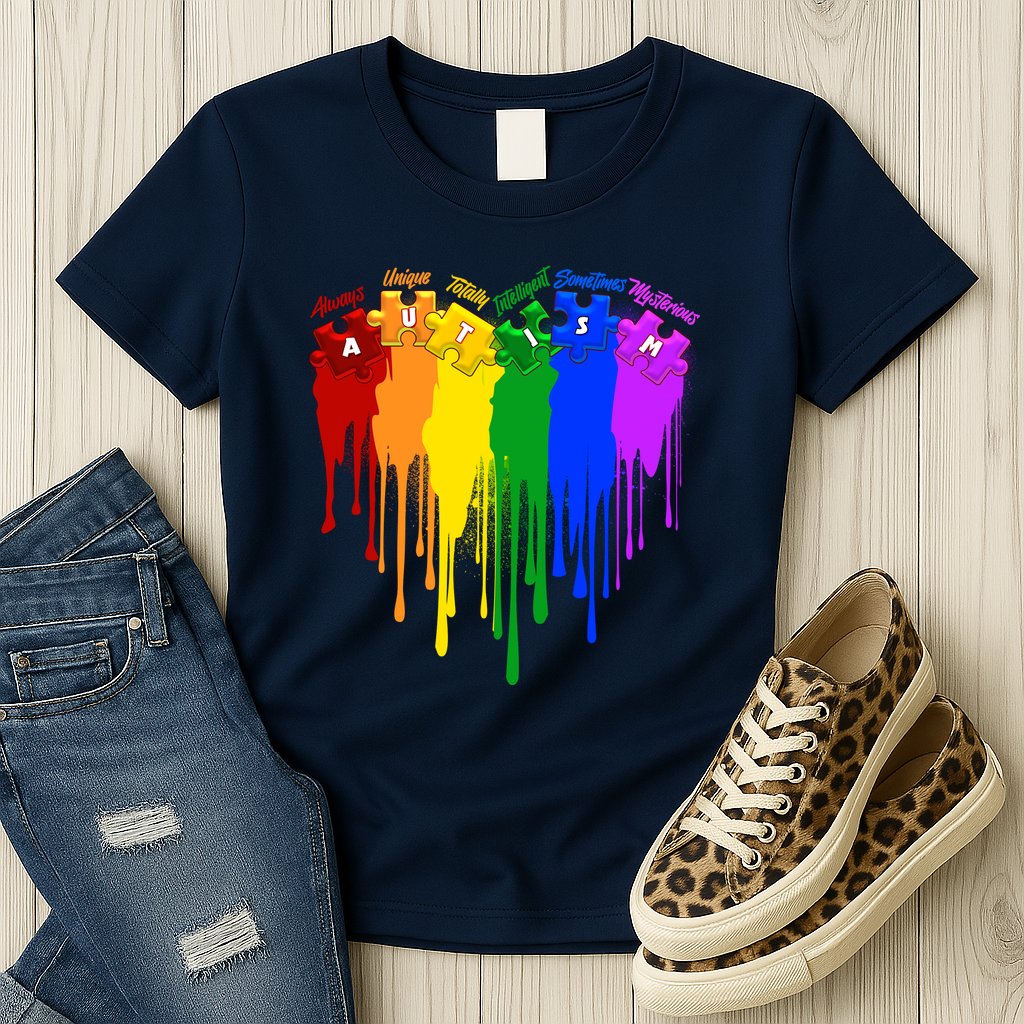 Cute Colorful Painted Autism Puzzle Pieces Heart Womens T-Shirt