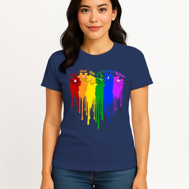 Cute Colorful Painted Autism Puzzle Pieces Heart Womens T-Shirt