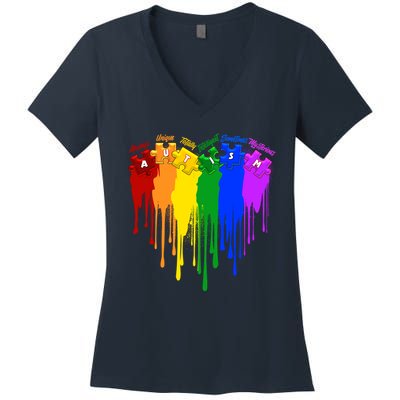Cute Colorful Painted Autism Puzzle Pieces Heart Women's V-Neck T-Shirt