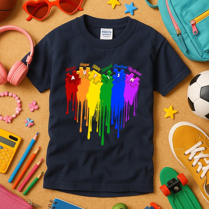 Cute Colorful Painted Autism Puzzle Pieces Heart Kids T-Shirt