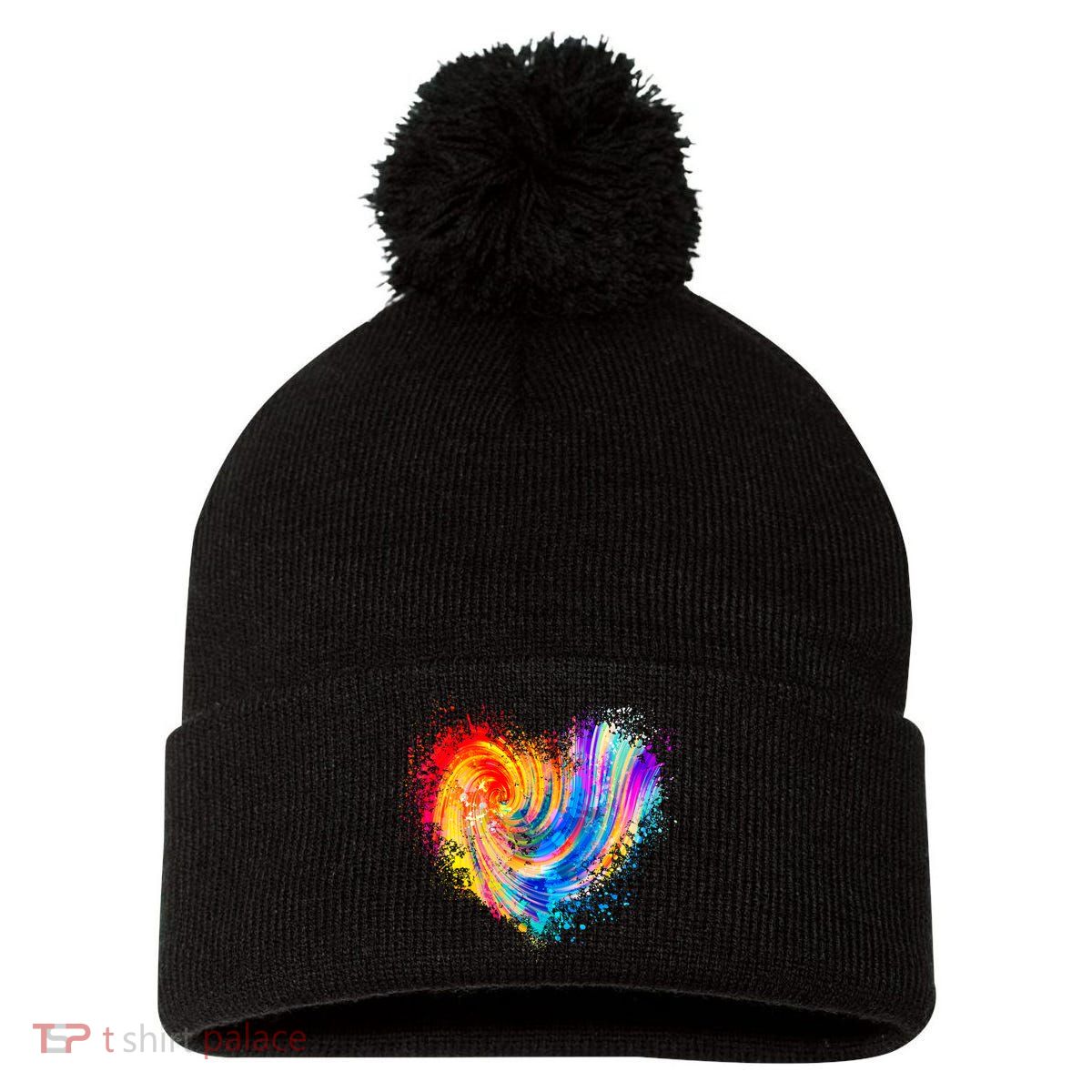 Cool Colorful Paint Swirl Splatter Heart Pom Pom 12in Knit Beanie
