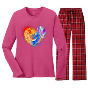 Cool Colorful Paint Swirl Splatter Heart Women's Long Sleeve Flannel Pajama Set 