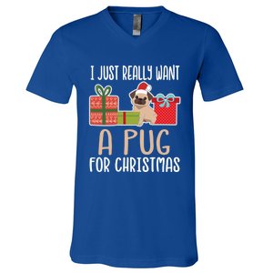 Cute Christmas Pug Owner I Want A Pug Great Gift V-Neck T-Shirt