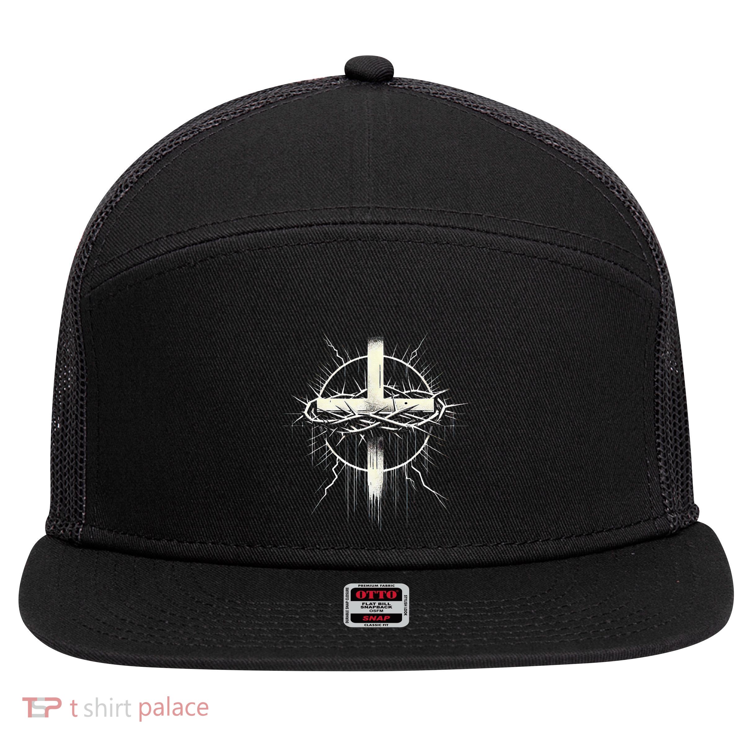 Christian Cross Punk Art Style Crown Of Thorns Distressed 7 Panel Mesh Trucker Snapback Hat