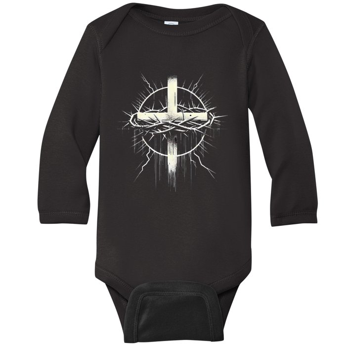 Christian Cross Punk Art Style Crown Of Thorns Distressed Baby Long Sleeve Bodysuit