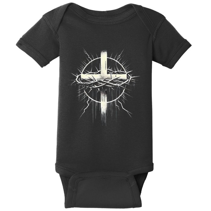 Christian Cross Punk Art Style Crown Of Thorns Distressed Baby Bodysuit