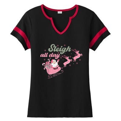 Cute Christmas Pink Funny Gift Sleigh All Day Santa Xmas Retro Cute Gift Ladies Halftime Notch Neck Tee