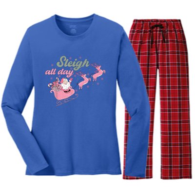 Cute Christmas Pink Funny Gift Sleigh All Day Santa Xmas Retro Cute Gift Women's Long Sleeve Flannel Pajama Set 