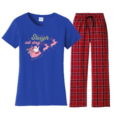 Cute Christmas Pink Funny Gift Sleigh All Day Santa Xmas Retro Cute Gift Women's Flannel Pajama Set