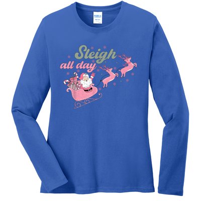 Cute Christmas Pink Funny Gift Sleigh All Day Santa Xmas Retro Cute Gift Ladies Long Sleeve Shirt