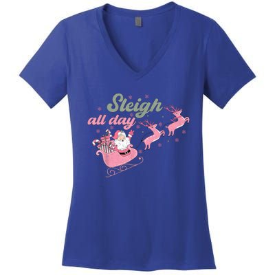 Cute Christmas Pink Funny Gift Sleigh All Day Santa Xmas Retro Cute Gift Women's V-Neck T-Shirt