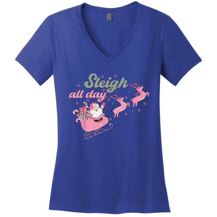 Cute Christmas Pink Funny Gift Sleigh All Day Santa Xmas Retro Cute Gift Women's V-Neck T-Shirt