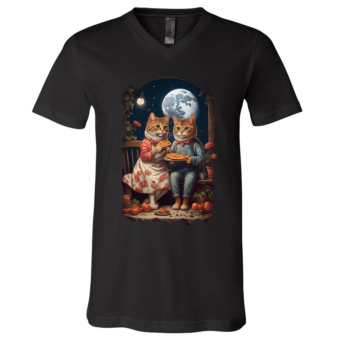 Cottagecore Cats Pizza V-Neck T-Shirt
