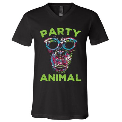 Cute Chimpanzee Party Animal Lover Colorful Monkey V-Neck T-Shirt