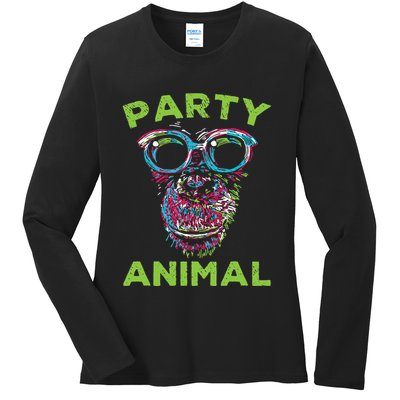Cute Chimpanzee Party Animal Lover Colorful Monkey Ladies Long Sleeve Shirt